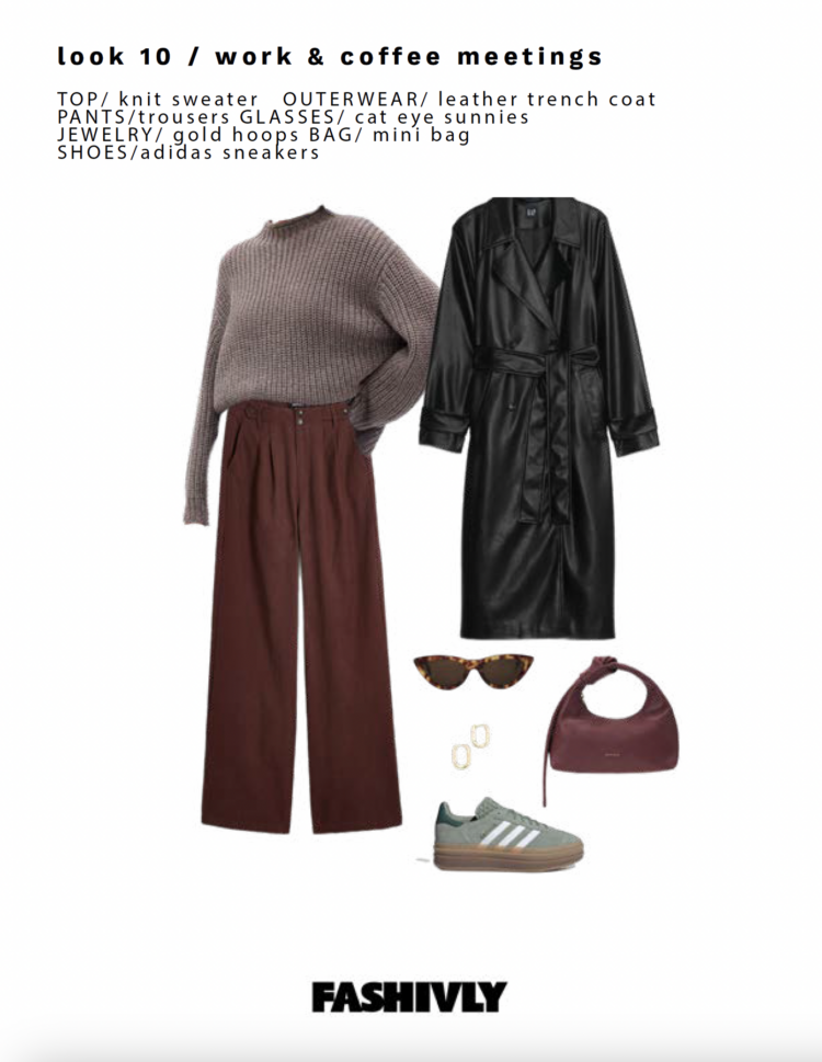 The 10th and final look in my style guide is a heather brown mock neck sweater tucked into brown wide leg trousers, styled with a black faux leather trench coat, maroon STAUD handbag, Adidas gazelle sneakers in sage green, and the same cat-eye sunglasses featured in other looks.